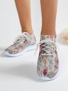 Women's Printed Decorative Casual Sports Shoes, Lightweight Breathable Slip-On Sneakers, Breathable Running Shoes, Plus Size - Multicolor - View 2