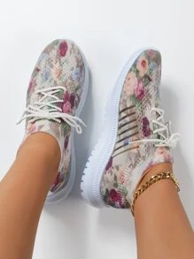 Women's Printed Decorative Casual Sports Shoes, Lightweight Breathable Slip-On Sneakers, Breathable Running Shoes, Plus Size - Multicolor - View 5