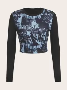 SHEIN ICON Plus Bikercore Letter Graphic Crop Tee - Black - View 1