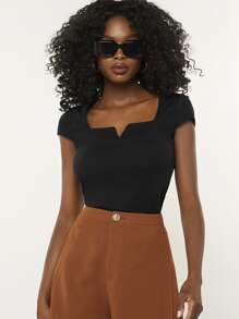 SHEIN BASICS Top Ceñido De Manga Corta Sólida - Negro - Ver 5