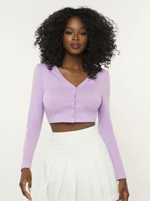 SHEIN BASICS Button Up Solid Crop Top - Lilac Purple - View 4