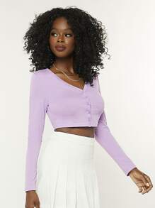 SHEIN BASICS Button Up Solid Crop Top - Lilac Purple - View 5