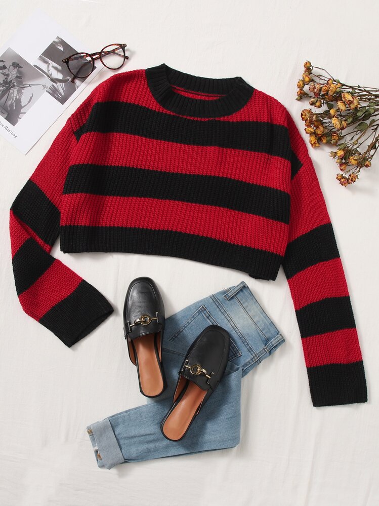 ROMWE PUNK Two Tone Drop Shoulder Crop Sweater - Multicolor - View 3