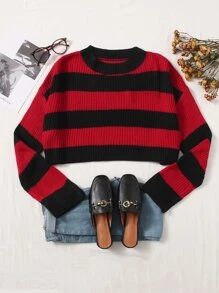 ROMWE PUNK Two Tone Drop Shoulder Crop Sweater - Multicolor - View 5