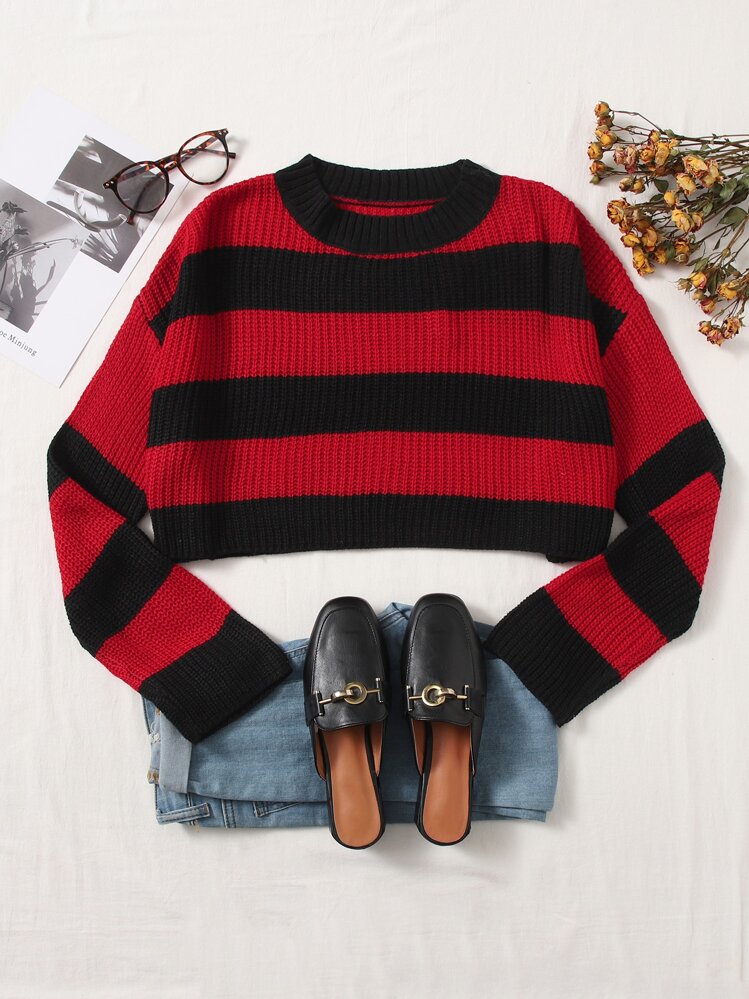 ROMWE PUNK Two Tone Drop Shoulder Crop Sweater - Multicolor - View 5