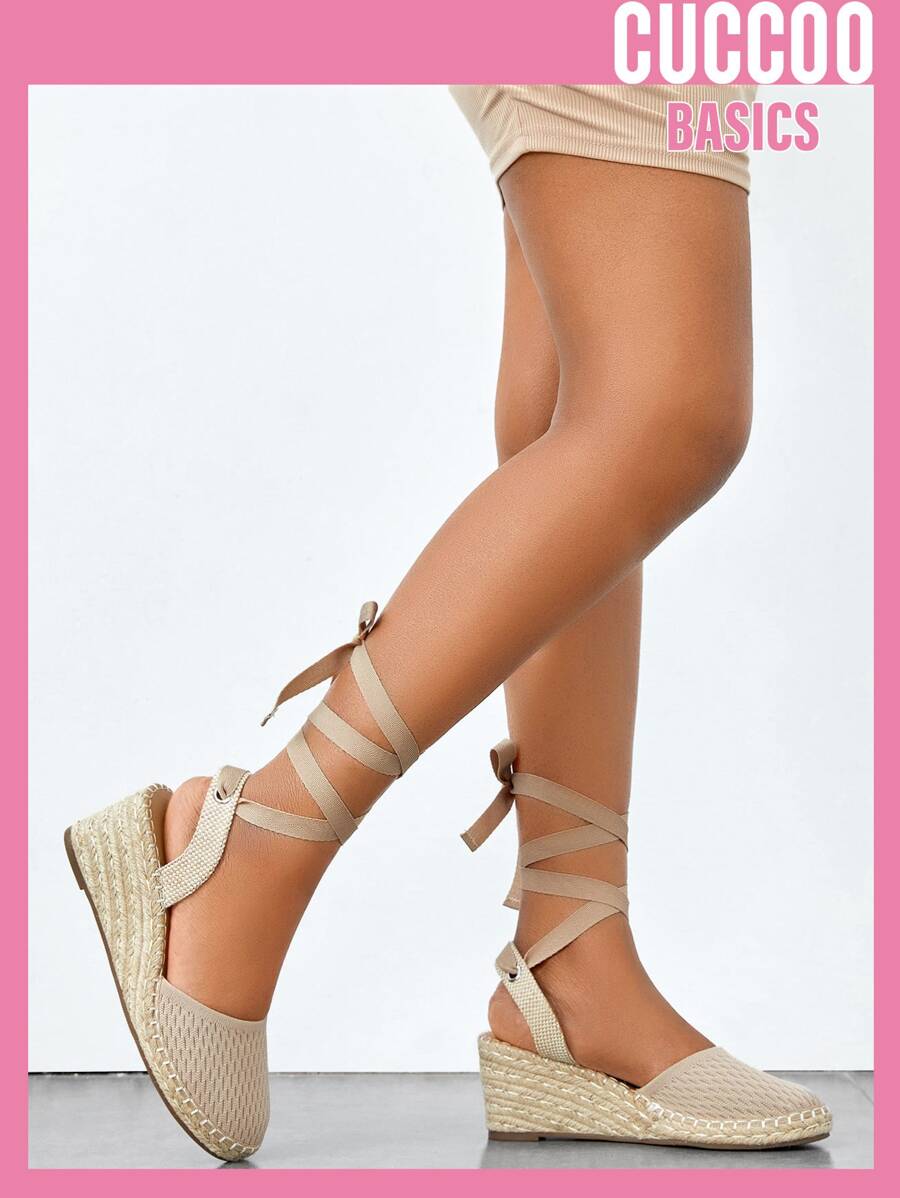 Minimalist Knit Tie Leg Wedge Shoes - Apricot - View 1