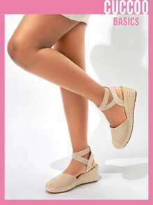 Zapatos cuña minimalista tejido tira tobillera - Albaricoque - Ver 1