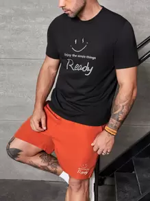 Manfinity Hypemode Hombres Camiseta con estampado de slogan & Shorts de cintura con cordón - Multicolor - Ver 6