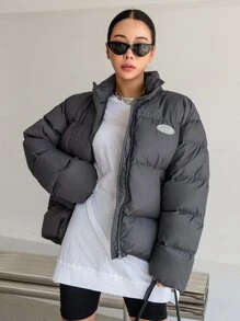 DAZY Letter Patched Detail Drop Shoulder Zipper Padded Coat - Grey - View 1