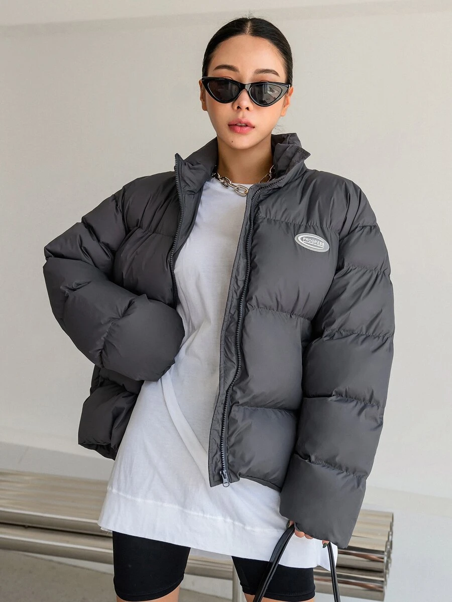 DAZY Letter Patched Detail Drop Shoulder Zipper Padded Coat - Grey - View 1