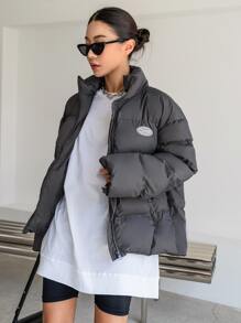 DAZY Letter Patched Detail Drop Shoulder Zipper Padded Coat - Grey - View 2