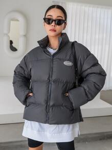 DAZY Letter Patched Detail Drop Shoulder Zipper Padded Coat - Grey - View 3