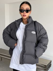 DAZY Letter Patched Detail Drop Shoulder Zipper Padded Coat - Grey - View 4