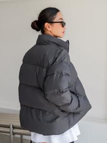 DAZY Letter Patched Detail Drop Shoulder Zipper Padded Coat - Grey - View 5