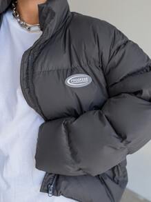 DAZY Letter Patched Detail Drop Shoulder Zipper Padded Coat - Grey - View 6