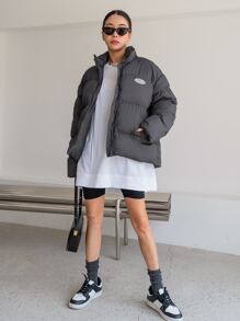 DAZY Letter Patched Detail Drop Shoulder Zipper Padded Coat - Grey - View 7