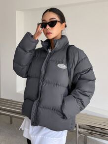 DAZY Letter Patched Detail Drop Shoulder Zipper Padded Coat - Grey - View 8