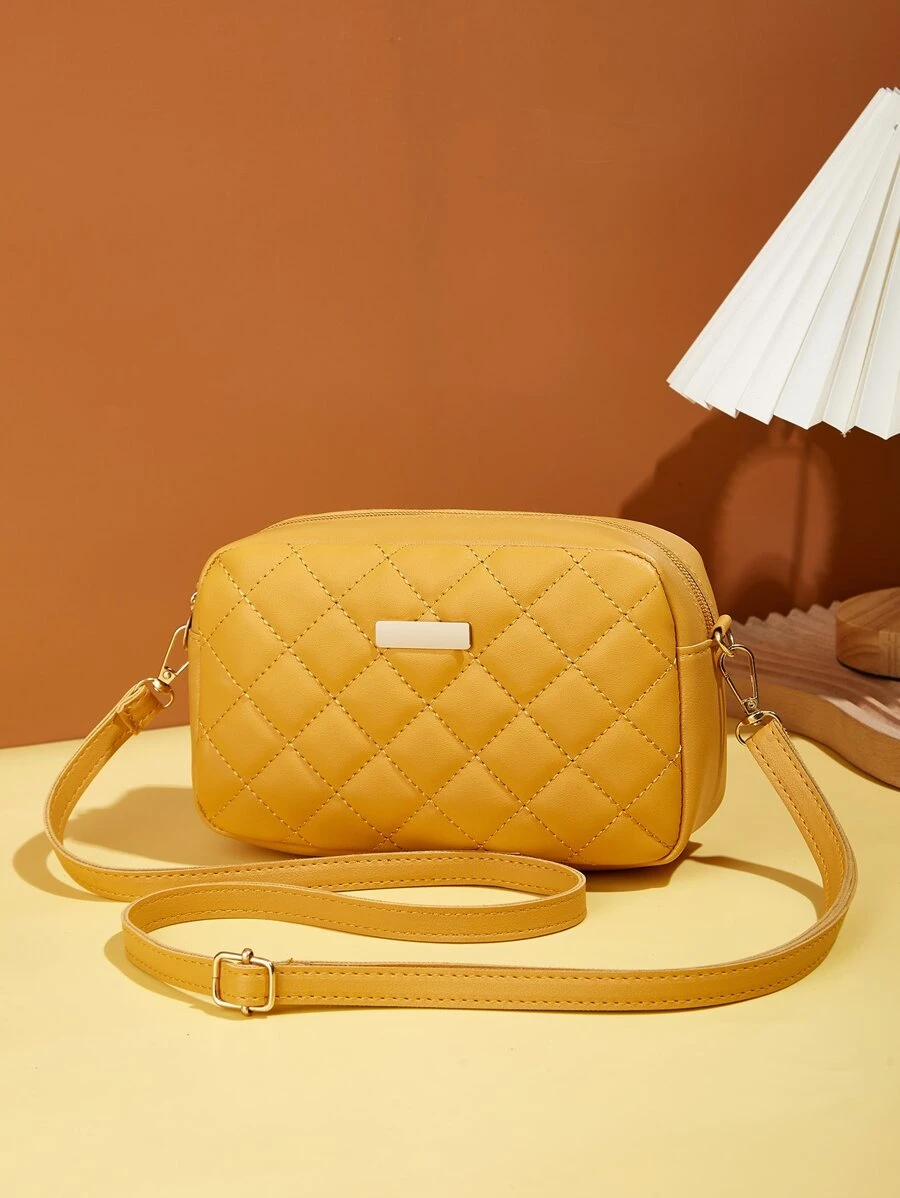时尚新款菱格纹绗缝单肩包迷你斜挎包 - 芥末黃 - 查看 1