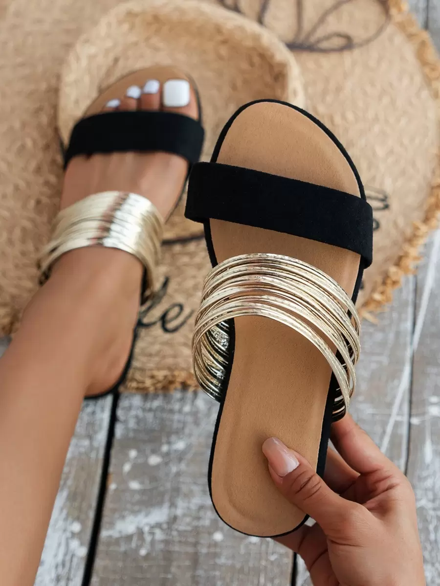 Giày sandal nữ màu trơn, vàng, phối hai tông màu, thích hợp cho tiệc tùng, trang phục mùa xuân hè.
