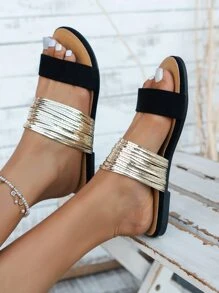 Giày sandal nữ màu trơn, vàng, phối hai tông màu, thích hợp cho tiệc tùng, trang phục mùa xuân hè. - Vàng - Xem 4