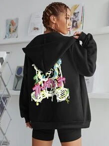 SHEIN EZwear Hoodie Đồ họa Chữ Và Gấu Dây rút Lót nhiệt - màu đen - Xem 2