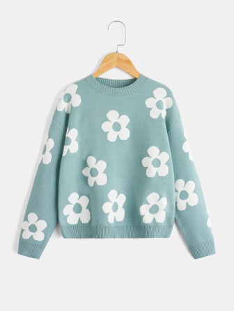 SHEIN Tween Girl Floral Pattern Drop Shoulder Sweater