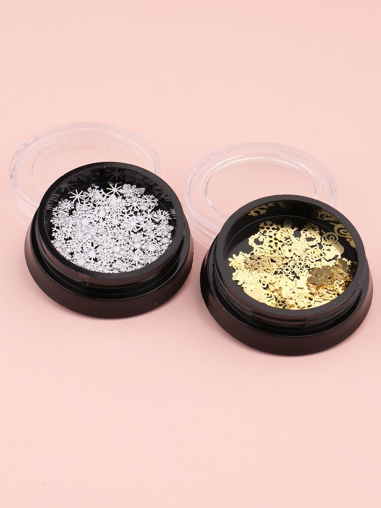 FULL BEAUTY 2 Caixas de Decorações de Unhas de Arte Natalina com Flocos de Neve Metálicos Dourados e Brancos, Lantejoulas de Glitter Natalino, Acessórios para Manicure de Inverno - Multicolorido - Visão 3