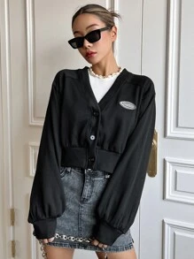 DAZY Thư được vá Tay áo Đèn lồng Nút phía trước Áo Jacket Crop - màu đen - Xem 4