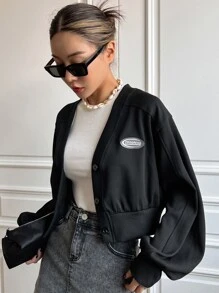 DAZY Thư được vá Tay áo Đèn lồng Nút phía trước Áo Jacket Crop - màu đen - Xem 5