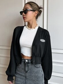 DAZY Thư được vá Tay áo Đèn lồng Nút phía trước Áo Jacket Crop - màu đen - Xem 6
