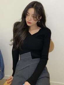 DAZY 肋編針織包裝十字織毛衣 - 黑色 - 查看 2