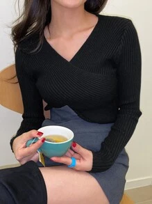 DAZY 肋編針織包裝十字織毛衣 - 黑色 - 查看 4