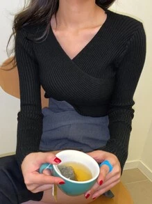 DAZY 肋編針織包裝十字織毛衣 - 黑色 - 查看 5