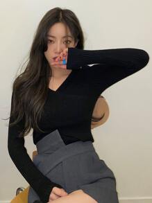 DAZY 肋編針織包裝十字織毛衣 - 黑色 - 查看 8