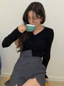 DAZY 肋編針織包裝十字織毛衣 - 黑色 - 查看 9