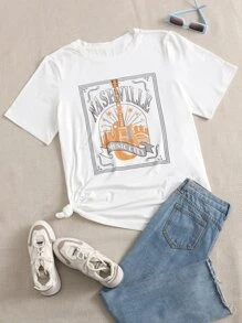 Flirla Plus Letter & Guitar Print Tee - White - View 1