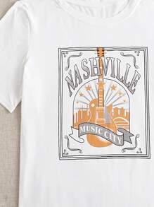 Flirla Plus Letter & Guitar Print Tee - White - View 3