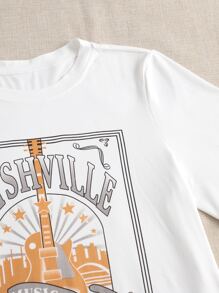 Flirla Plus Letter & Guitar Print Tee - White - View 4