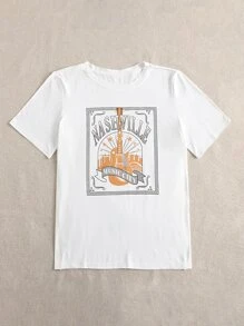 Flirla Plus Letter & Guitar Print Tee - White - View 5