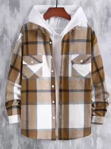 Manfinity Hypemode 1件寬鬆版型男士格紋襯衫,帶有翻蓋口袋、下垂的肩膀和領子設計（無連帽）