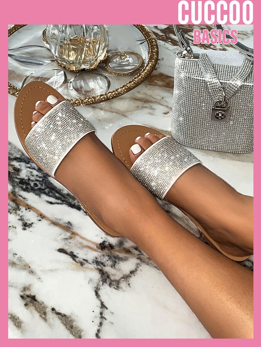 Glamorous Outdoors Flat Slippers For Women, Glitter Rhinestone Decor Fabric Open Toe Slide Sandals - White - View 1