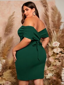 SHEIN Privé Vestido ajustado de hombros descubiertos fruncido con cordón trasero - Verde Oscuro - Ver 2