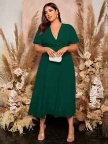 SHEIN Belle Hơn Surplice cổ áo tay bướm Chiffon Váy phù dâu - Màu xanh lá cây đậm - Xem 1