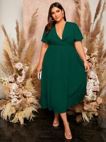 SHEIN Belle Hơn Surplice cổ áo tay bướm Chiffon Váy phù dâu - Màu xanh lá cây đậm - Xem 3