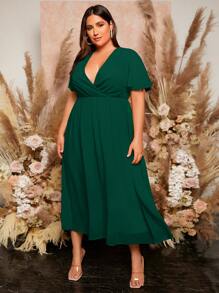 SHEIN Belle Hơn Surplice cổ áo tay bướm Chiffon Váy phù dâu - Màu xanh lá cây đậm - Xem 4