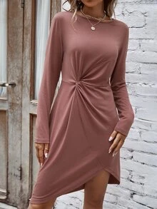 Twist Front Asymmetrical Hem Dress - Dusty Pink - View 3