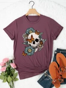 SHEIN LUNE Camiseta con estampado floral con mariposa - Púrpura malva - Ver 1