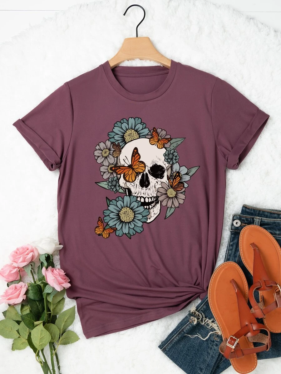 SHEIN LUNE Camiseta con estampado floral con mariposa - Púrpura malva - Ver 1