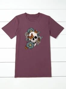 SHEIN LUNE Camiseta con estampado floral con mariposa - Púrpura malva - Ver 4
