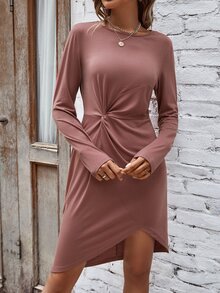 Twist Front Asymmetrical Hem Dress - Dusty Pink - View 5